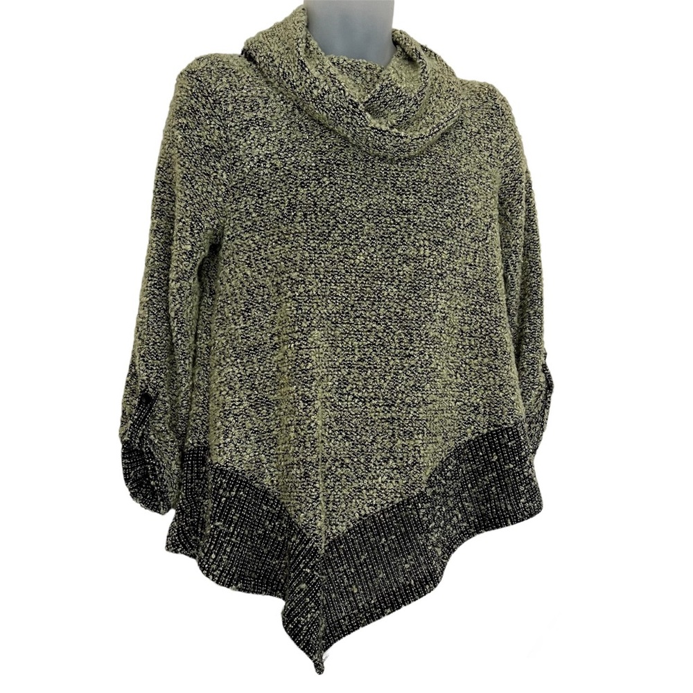 WOMEN’S LONG GREEN SWEATER COWL NECK ROLL TAB SLEEVES SIZE SMALL
